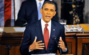 President Barack Obama addresses a Joint Session of Congress while delivering his State of the Union speech January 24, 2012 in Washington, DC.