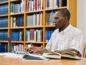 College student working in library